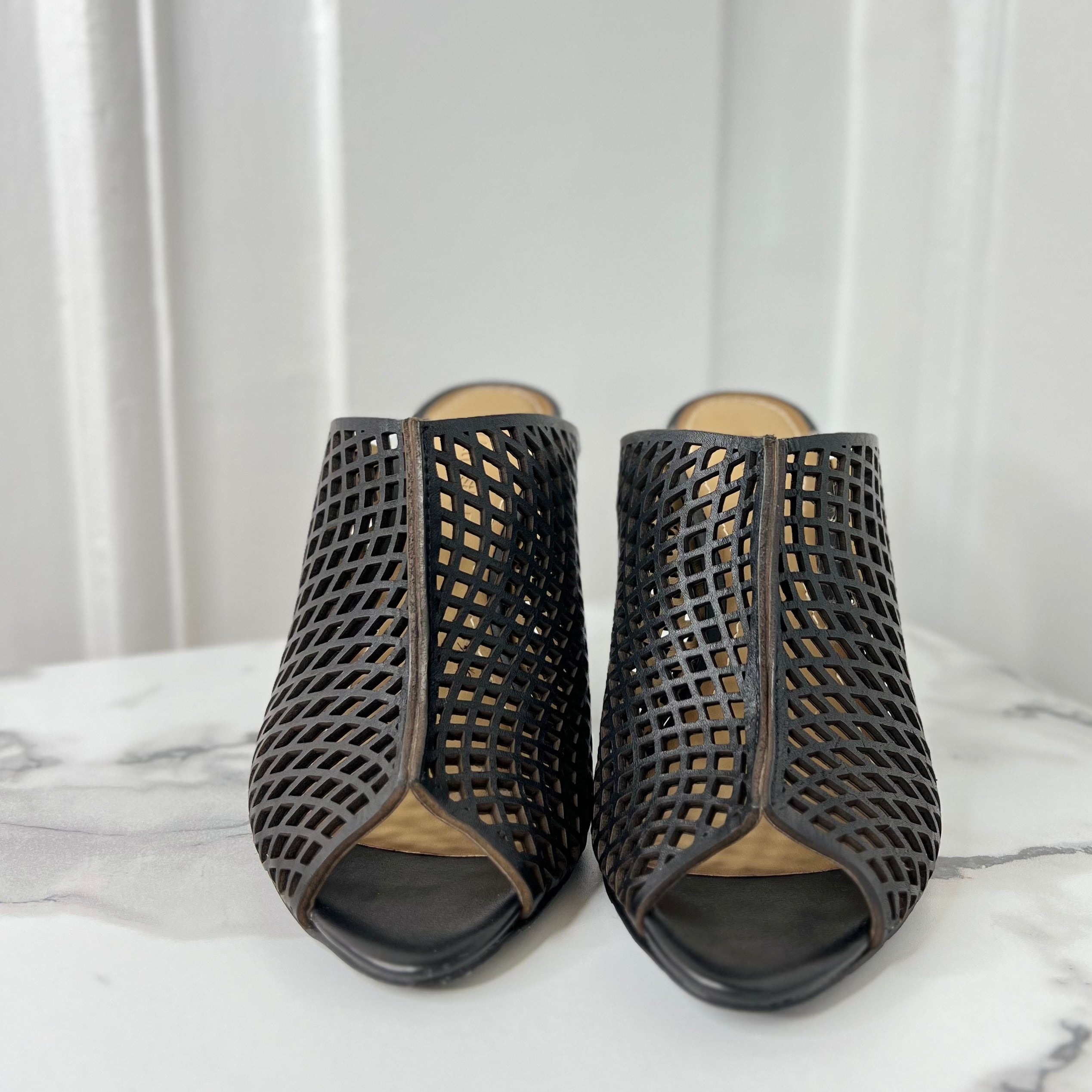 Laser-Cut Black Leather Mules