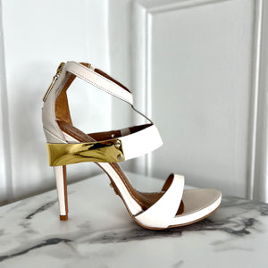 Statement High Heels Leather Sandals in Cream and Gold