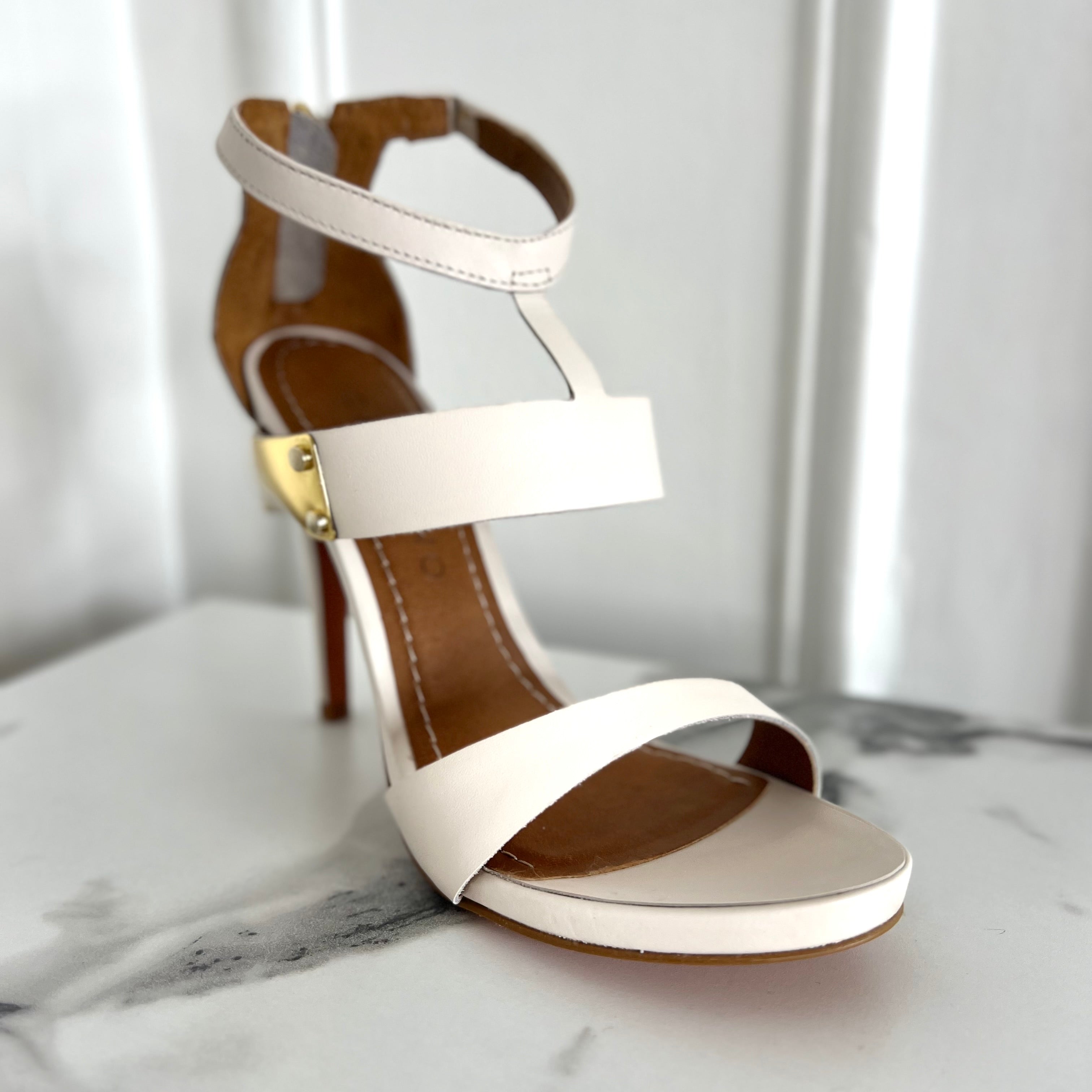 Statement High Heels Leather Sandals in Cream and Gold