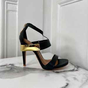 Statement High Heels Leather Sandals in Black and Gold