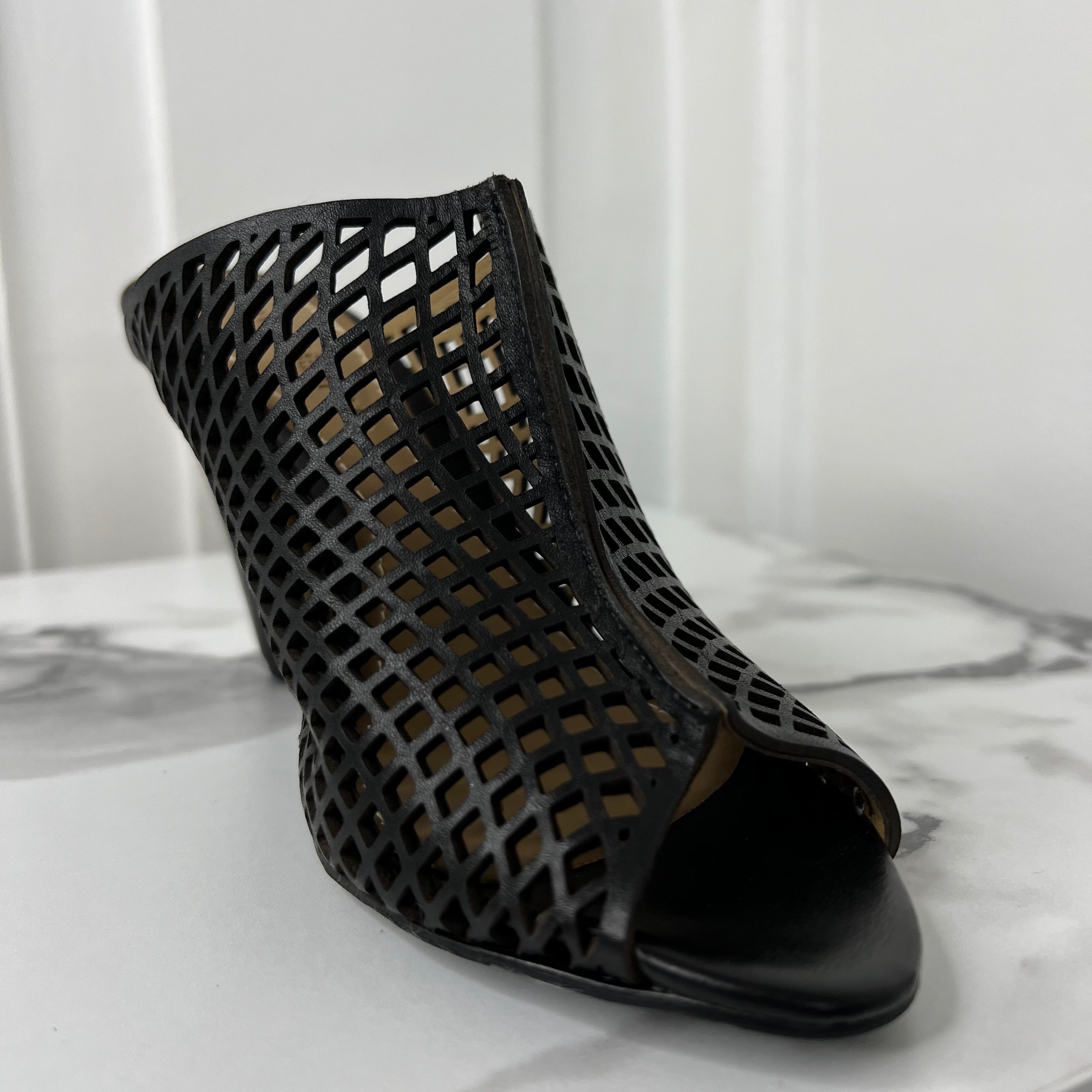 Laser-Cut Black Leather Mules