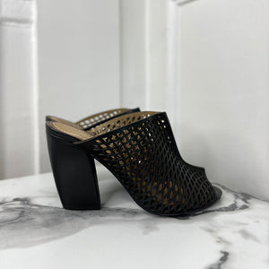 Laser-Cut Black Leather Mules