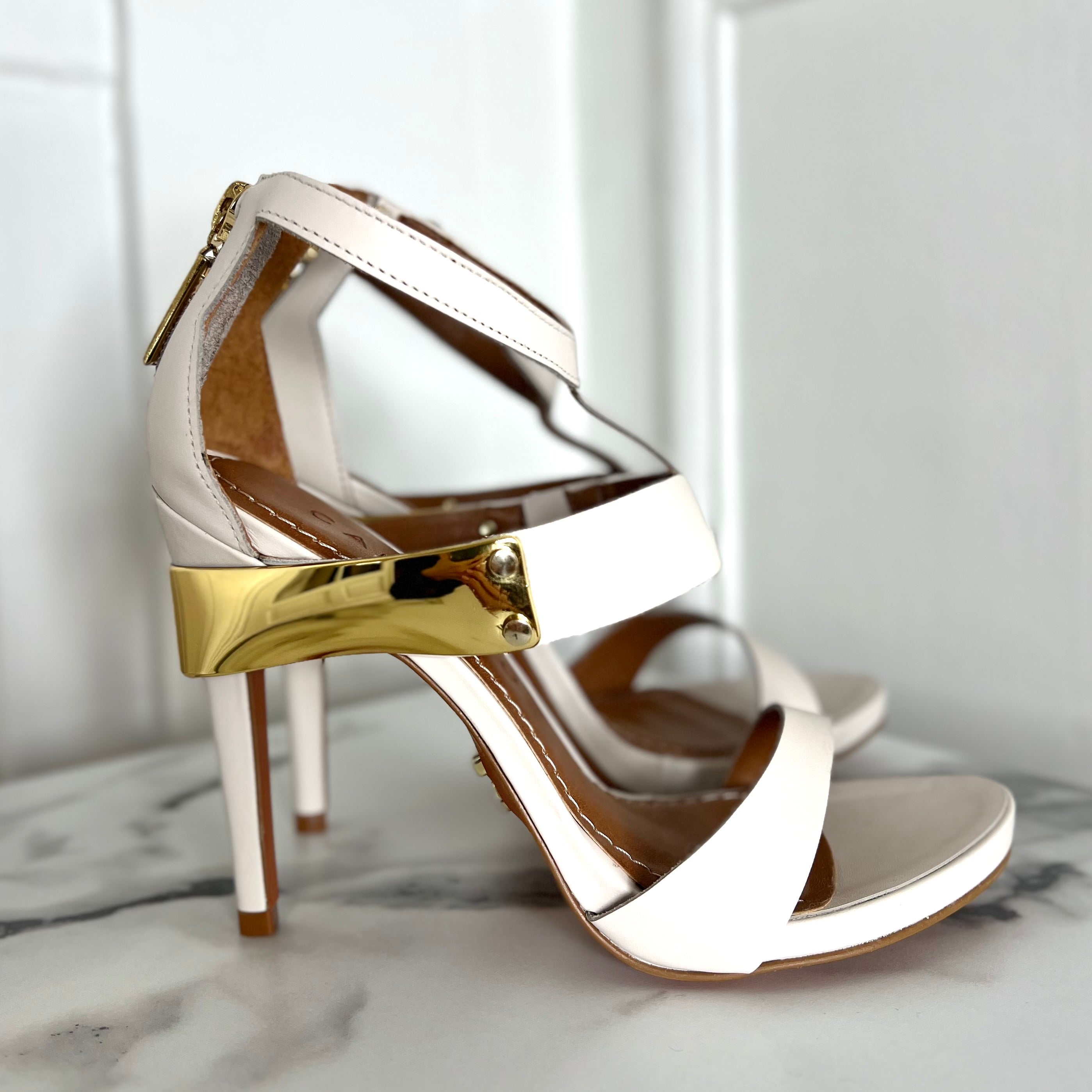 Statement High Heels Leather Sandals in Cream and Gold
