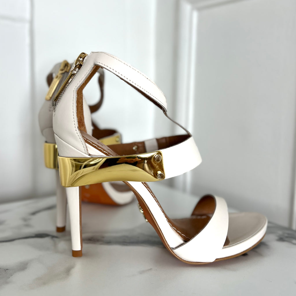 Statement High Heels Leather Sandals in Cream and Gold