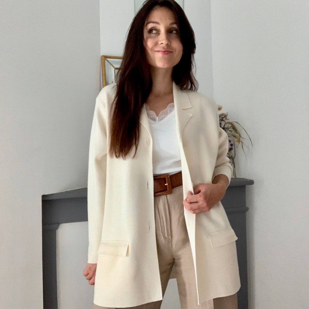 90s Cream Color Knitted Wool-blend Cardigan/ Collared Cream Wool-blend Cardigan/ Vintage Blazer-Style Cardigan