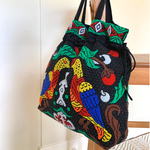 Vintage Black & Green Magical Forest and Birds Fully Beaded Bag/ Vintage Beaded Large Pouch/ Birdies and Flowers Motif Vintage Bag