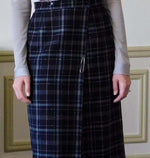 Vintage Checked Wool Midi Skirt with a Decorative Pin 